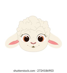 Süße Lamm-Gesichtsgrafik mit großen Augen und flauschiger Wolle einzeln auf weißem Hintergrund. Liebenswert Cartoon Tierfigur für Kinder Designs, Ostern, Kinderzimmer Dekor, Aufkleber und Drucke.