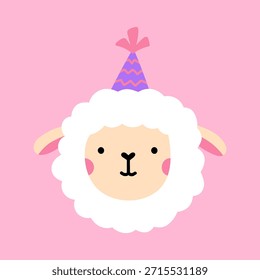 Cordeiro bonito em um chapéu festivo isolado em um fundo rosa. Ilustração de vetor desenhada à mão em estilo plano. Perfeito para decorações, projetos de férias e aniversário, cartões, logotipo. 