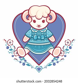 Cute lamb with flowers in cartoon vector illustration on white background Cute sheep