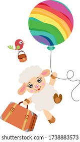 Cute lamb flying holding a rainbow balloon and travel suitcase

