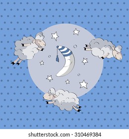 Cute lamb flying on the sky background
