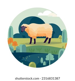 Cute lamb grazing on green meadow pasture icon isolated