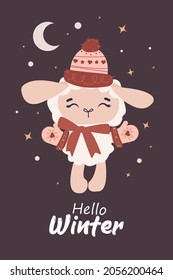 Cute lamb in a hat and mittens on a dark background with the inscription hello winter