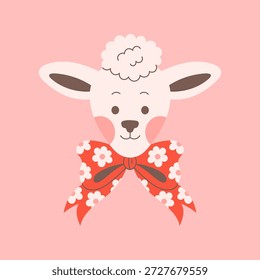 Cute Lamb Head with Bow Illustration. Hand drawn smiling Sheep Face decorated with tied ribbon. Pastel spring animal artwork. Gentle childish holiday decor element, flat vector