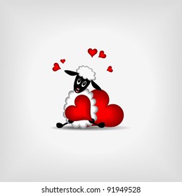 cute lamb holding red heart on gray background - vector llustration