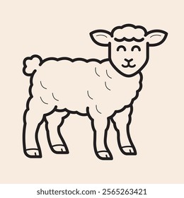 Cute lamb icon with happy smiley, funny eyes, wool, big ears and tail. Full body wool lamb character outline iconic vector line art