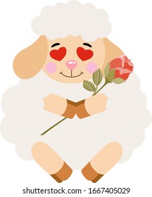 Cute lamb in love holding a red rose
