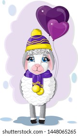 cute lamb, in love lamb, lamb wears winter hat and scarf holding balloons, amorous lamb on the pastel background.