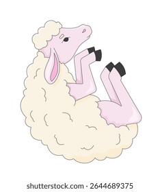 Cute lamb lying on side 2D cartoon character. Fluffy sheep. Soft wool livestock domesticated. Adorable farm animal. Gentle creature flat vector animal isolated on white. Spot illustration colorful