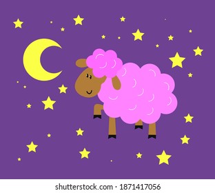 El cordero y la luna, en un fondo oscuro. Caricatura. Ilustración vectorial.