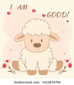 Cute lamb on a card with flowers. Children's print for children, poster, clothes, postcard. Vector illustration.