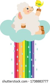 Cute lamb on cloud rainbow with birdie

