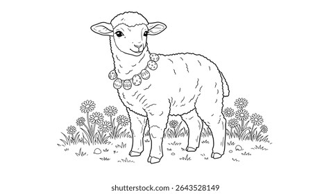 Cute Lamb Outline Standing in Daisy Field Wearing Easter Egg Garland Spring Animal Line Art Illustration