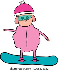 
A cute lamb in a pink hat stands on a snowboard. Depicted on a white background