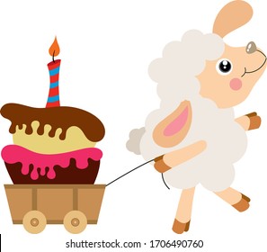 Cute lamb pulling wooden small cart with birthday cake
