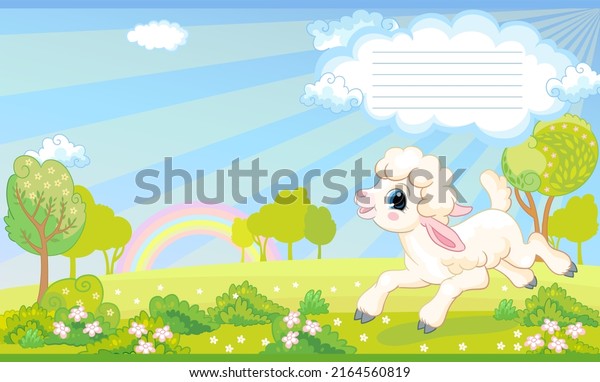 A cute lamb runs through a blooming meadow. Children cartoon background. Vector illustration. Cover page template layout. Applicable for notebooks, planners, brochures, books, catalogs.Two-page cover