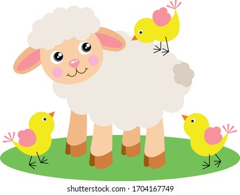 Cute lamb with three yellow birds

