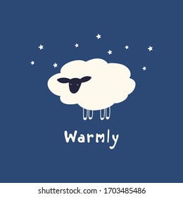 Cute lamb under the starry sky. Cartoon vector for children's room interior, print card, pillows. Monochrome minimalist style. Scandinavian design.