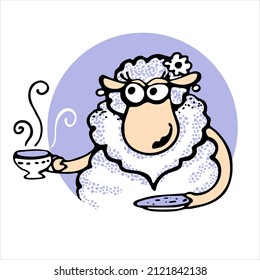 Cute lamb woman with a cup and a loving look in pastel colors as a sticker