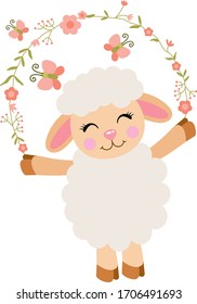 Cute lamb with wreath of flowers and butterfly
