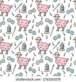 Cute lambs with balls of wool, yarn holders, stitch markers and spindles. Vector seamless pattern on white. Great for fabric, wrapping paper, wallpaper, covers. Knitting hobby in coloring doodle style