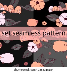 cute lambs on the field with flowers. pattern, vector. drawing for pastel linen, fabrics for children's clothes, for decoration