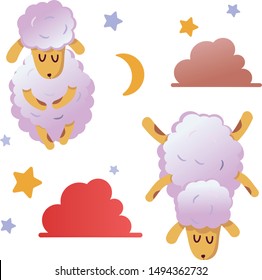 
Cute lambs sleeping on the  clouds. Isolated illustration