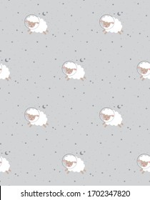 Cute lambs in the space seamless pattern. Vector illustration.