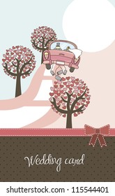 cute landscape with car and trees, wedding card. vector illustration
