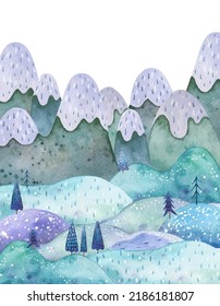 cute landscape for children with colored hills, houses and trees in the snowy mountains, cute illustration, print, decor, design 