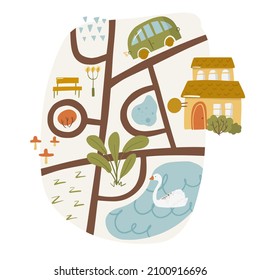 Cute landscape doodle map with pond, route and house, goose bird swim in river country nursery garden cartoon vector illustration, isolated on white. City path wooden pointer, hand drawn printing.