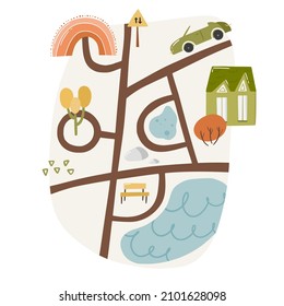 Cute landscape doodle map with pond, route and house, outdoor park with river, country nursery garden cartoon vector illustration, isolated on white. City path wooden pointer, hand drawn printing.