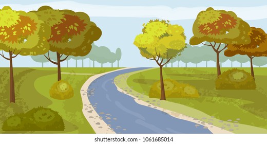 Cute landscape forest river, trees on the shore, vector, illustration, isolated