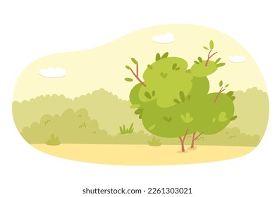 Cute landscape with grass and tree vector illustration. Cartoon sunny scenery of spring or summer park with meadow, green shrubs and forest tree, clouds in sky, scenic countryside garden with lawn