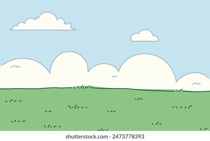 Paisaje lindo con hierba verde y nube blanca. Fondo de póster para niños