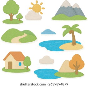 Cute Landscape Icon Set - Nature Elements in Flat Style