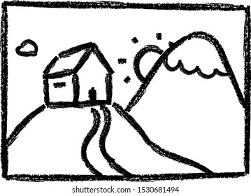 cute landscape little cartoon hand drawn doodle moountain with house on the hill