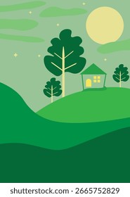  Fondo de pantalla móvil lindo del paisaje en la ilustración verde de la historieta del fondo de una casa en una colina con los árboles con la nube, luna, estrella, fondo del cartel de las redes sociales 
