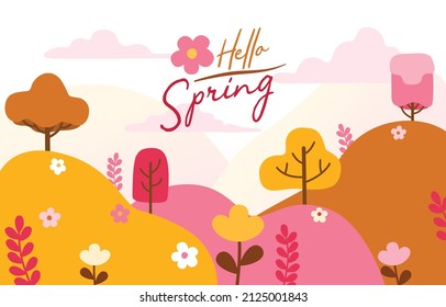 Cute Landscape, Mountain, Tree and Flowers, Vector, Illustration