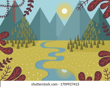 Cute landscape with sunny day, mountains, river, blooming meadow, spruces and floral frame. Flat style illustration.