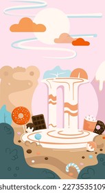 Cute landscape sweets.mountain bear.condensed milk,coast of cookies,ice cream,cupcake,donut.Background,picture,postcard