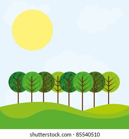 cute landscape with tree, grass and sun over sky background. vector