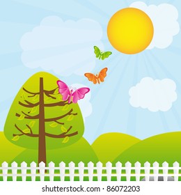 cute landscape with tree,butterfly and sun background. vector