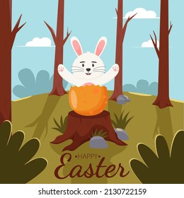 Cute landscape with trees, green grass, rabiit and a stump. Nature forest landscape. Easter concept. Happy Easter banners, greeting cards, posters, holiday covers.