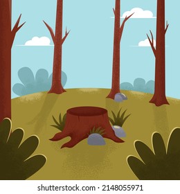 Cute landscape with trees, green grass and a stump. Nature forest landscape