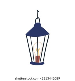 Cute lantern with bulb, hand drawn flat vector illustration isolated on white background. Lighting equipment drawing. House patio decoration.