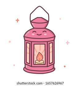 Cute lantern with a candle inside. Kawaii cartoon character isolated on a white background. Vector illustration.
