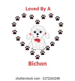 Cute lap dog icon and text "Love by a bichon". Vector illustration.