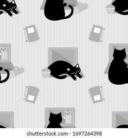 Portátil y gatos de dibujos animados sin problemas de fondo. El felino negro interrumpe el flujo de trabajo de la oficina de negocios. Fondo gris tonal dibujado a mano. Todo impreso para trabajar desde el concepto de casa.