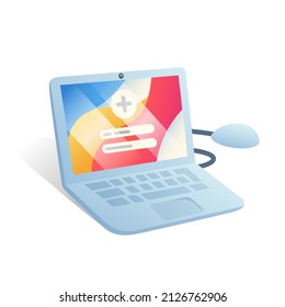 A cute laptop with a computer mouse illustrating the registration stage. Perfect for designing websites, menus, business cards, banners, posters, covers, flyers.
